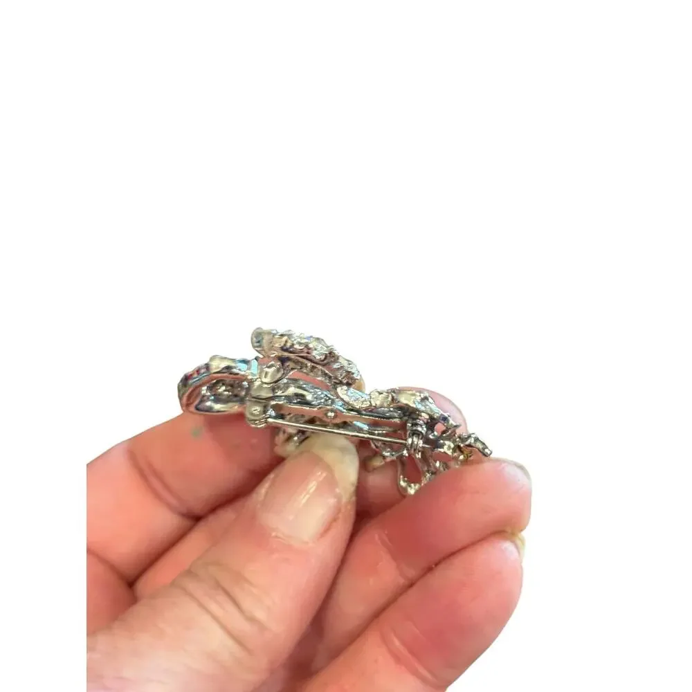 Vintage Rhinestone Flower Basket Brooch Silver Tone Bridal 1940s 50s
